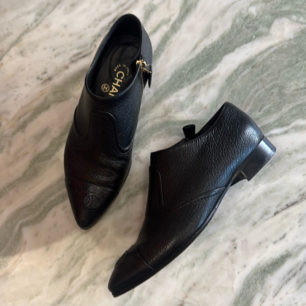 Black Leather Chanel Booties with CC cap toe